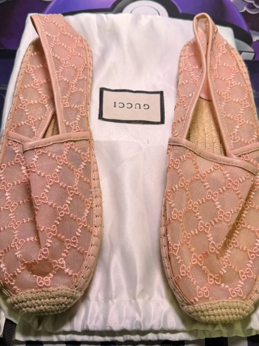 Pink Mesh Monogram Embroidered Espadrille Slip On Flats Womens Size 9